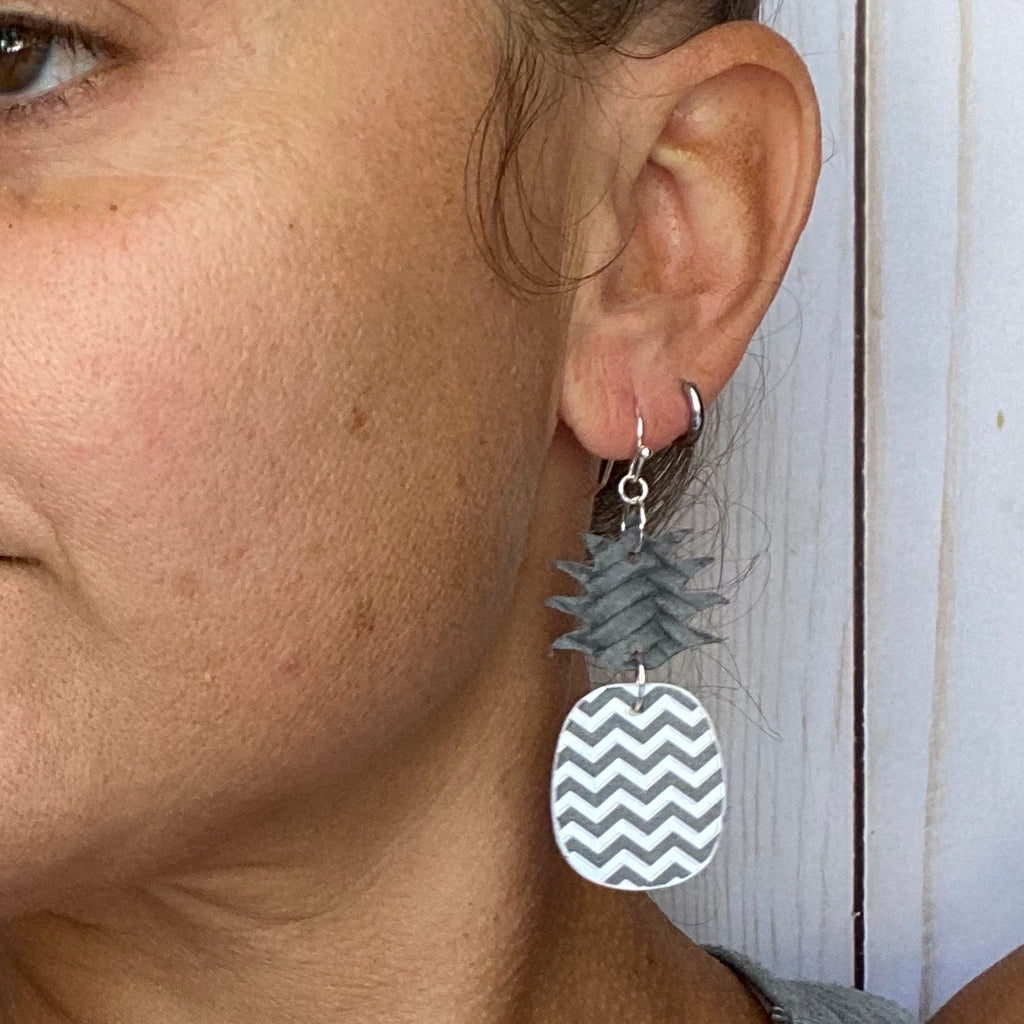 Gray and White Chevron Pineapple Earrings