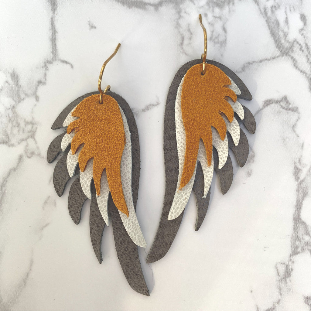 Gray Ivory and Mustard Leather Wing Earrings