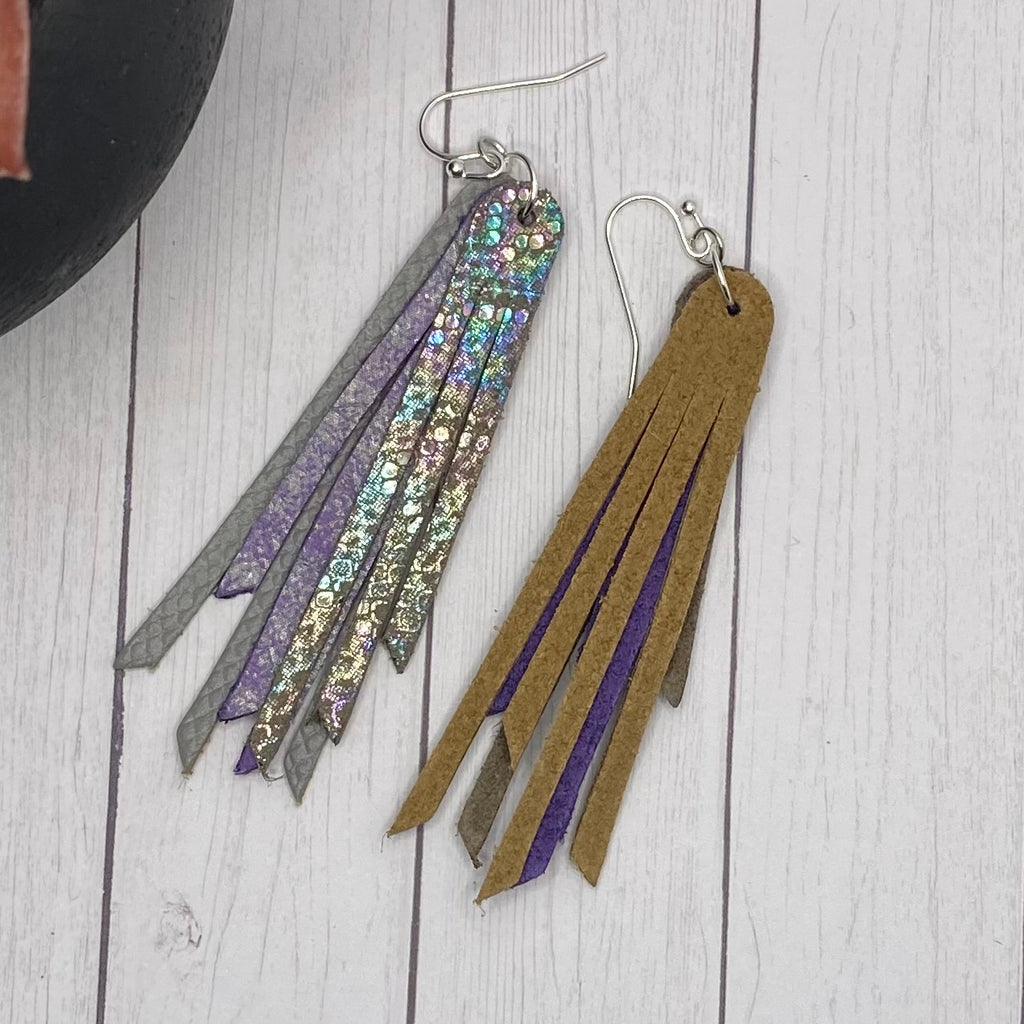 2.75” Genuine Leather Gray and Purple Animal Fringe Earrings