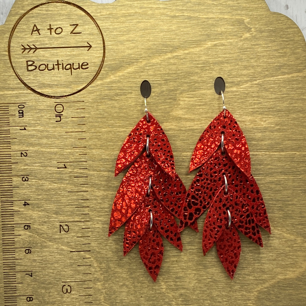 Red Cascading Petal Leather Earrings