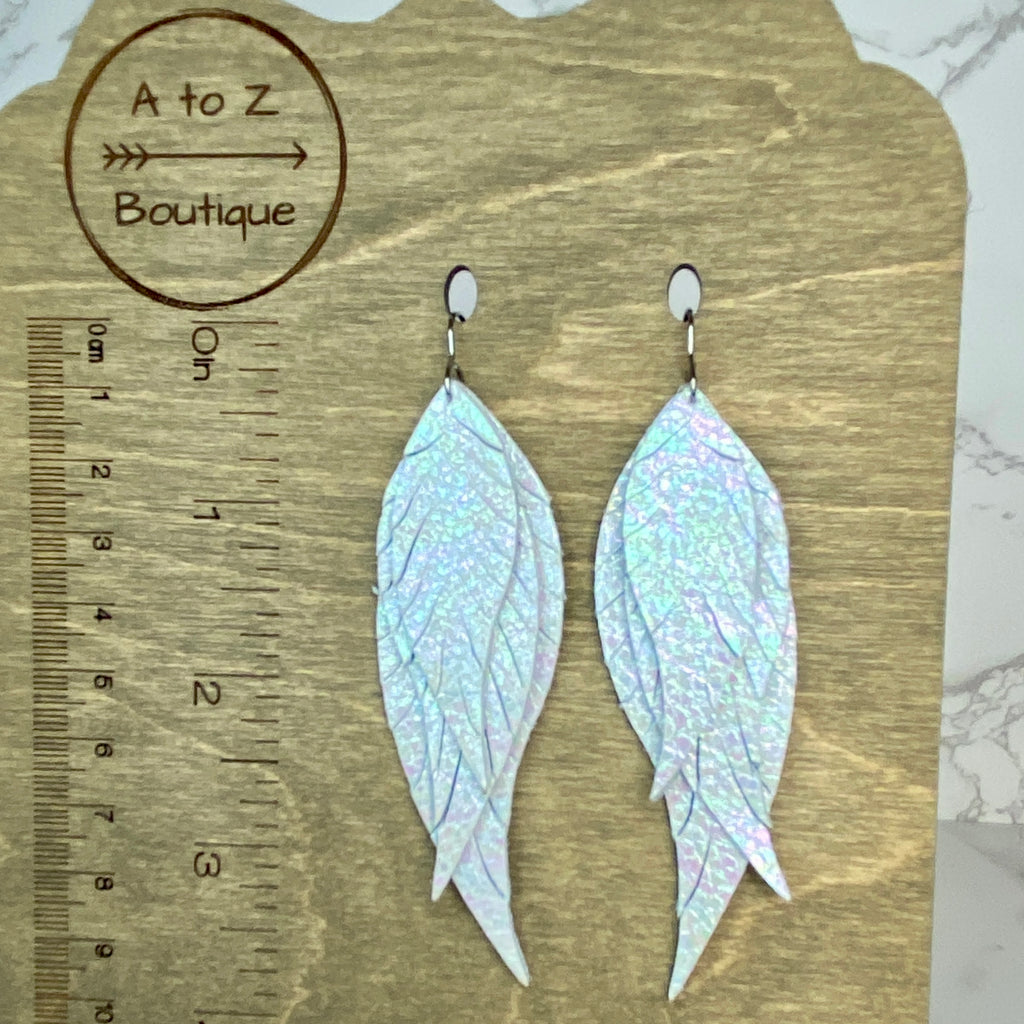 White Iridescent Genuine Leather Feather Earrings