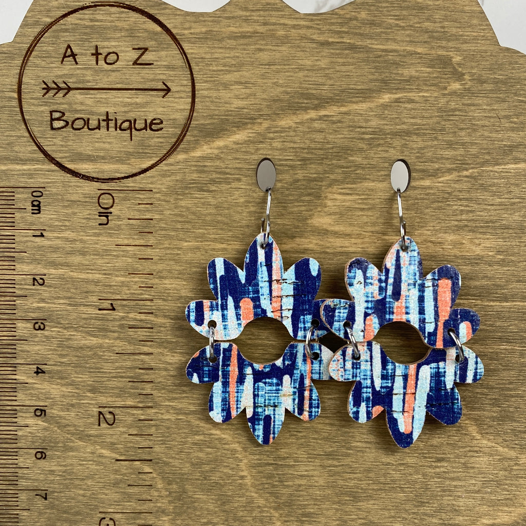 Blue and Orange Double Flower Leather Earrings