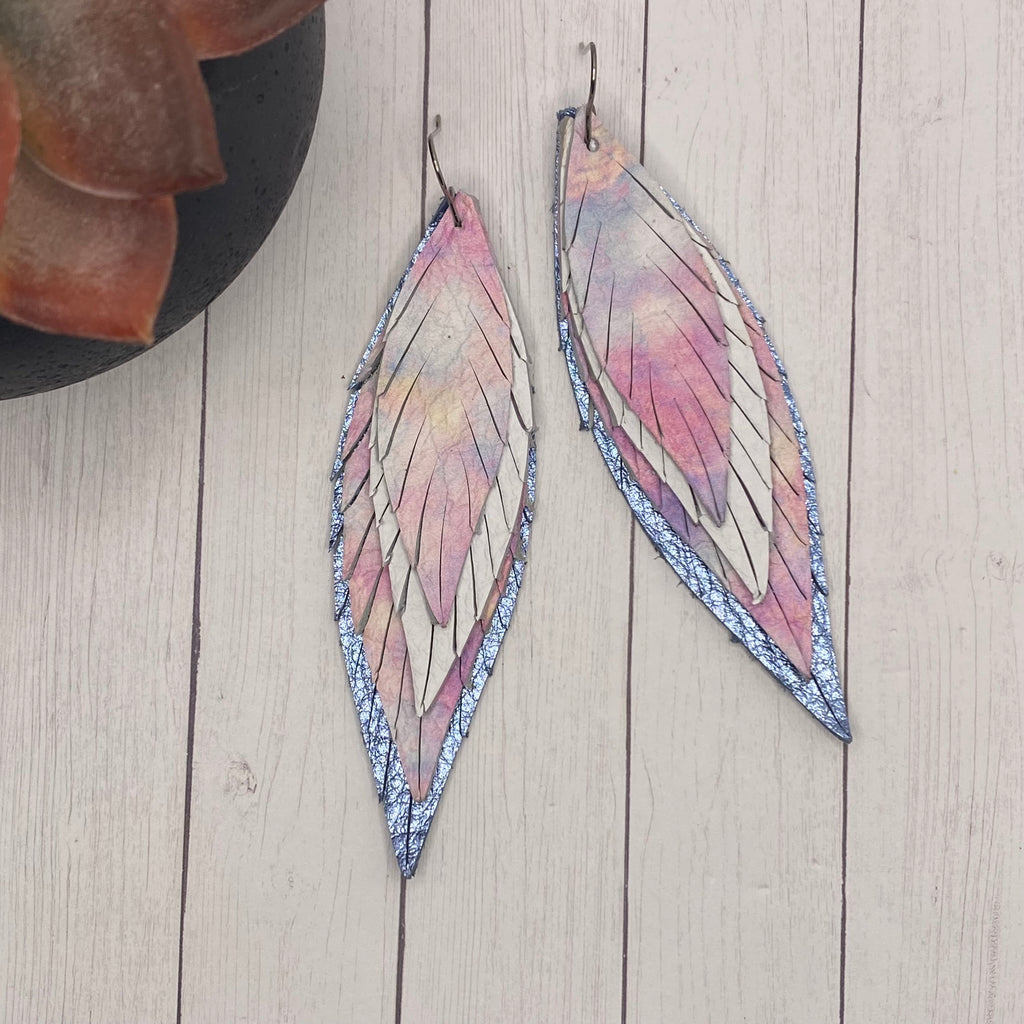 Metallic Blue White Pink Watercolor Large Leather Skinny Feather Earrings