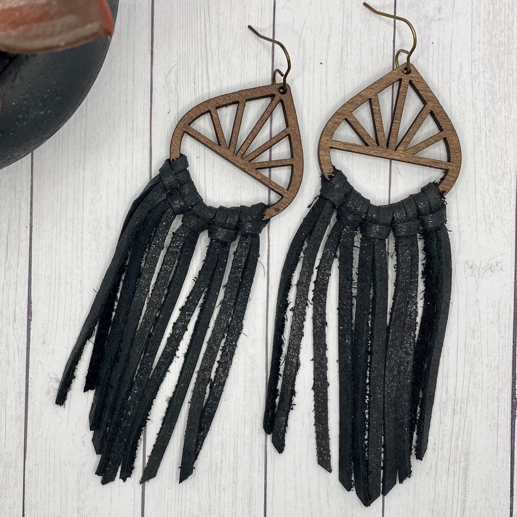 Black Leather Fringe Wood Hoop Earrings