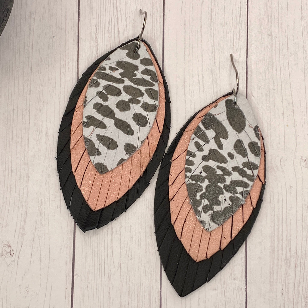 Black White and Pink Large Leather Feather Earrings