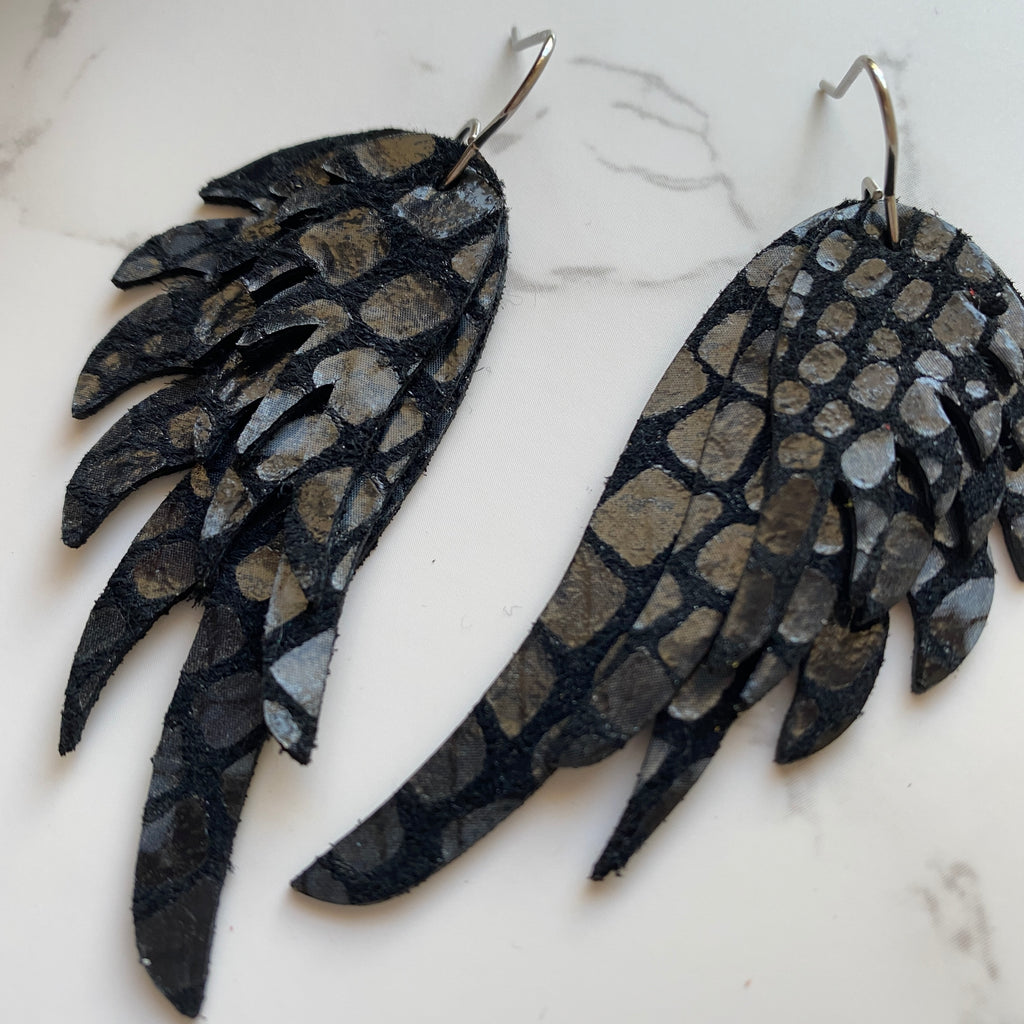 Black And Gray Leather Wing Earrings