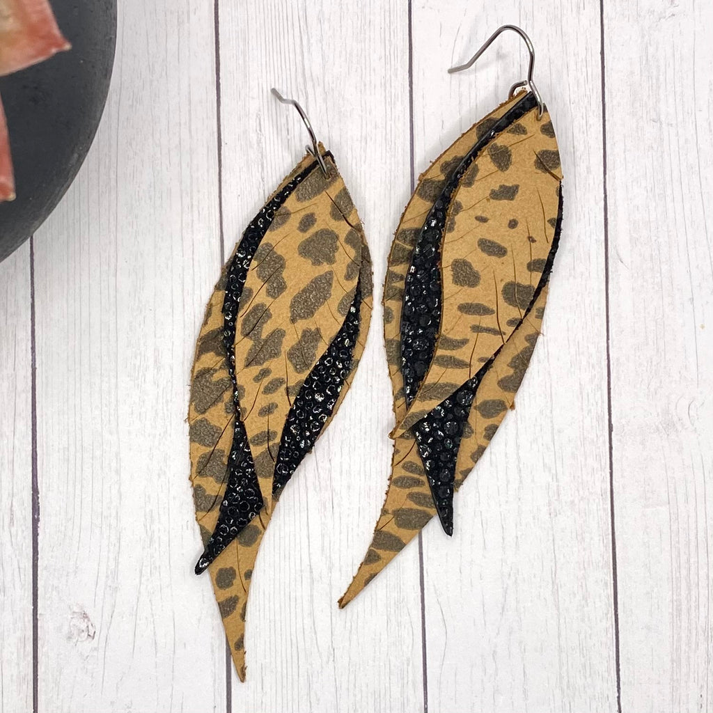 Genuine Leather Animal Print and Black Feather Earrings