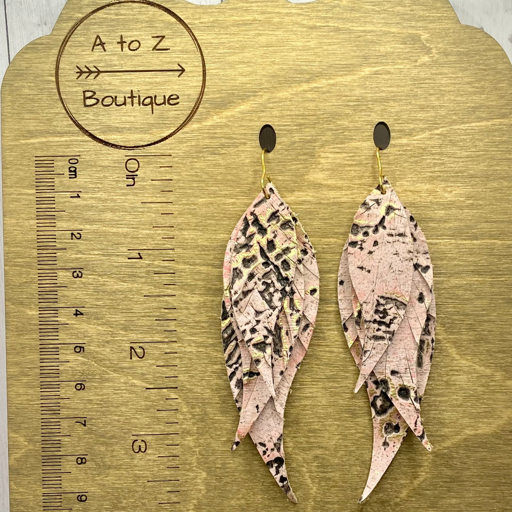 Pink and Bronze Genuine Leather Feather Earrings