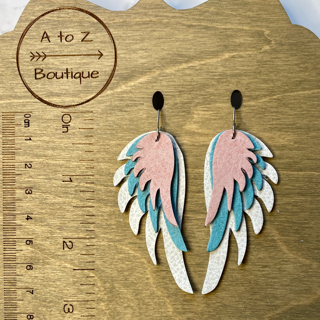 Ivory Blue and Pink Leather Wing Earrings
