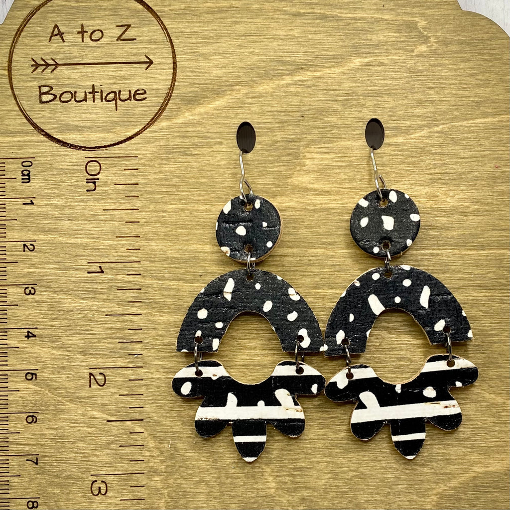 Black and White Flower Arch Leather Earrings