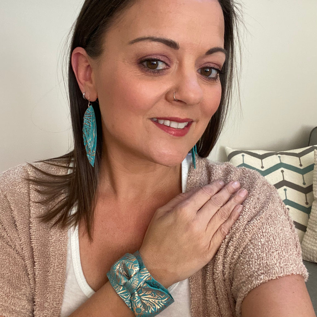 Turquoise and Rose Gold Genuine Leather Bow Cuff Bracelet