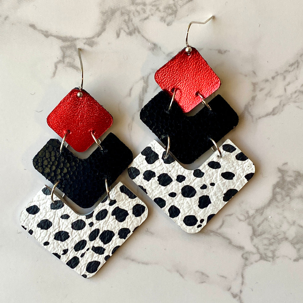 Red White Black Stacked Chevron Leather Earrings