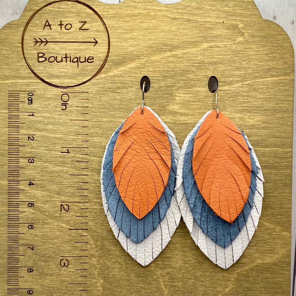 White Blue And Coral Large Leather Feather Earrings