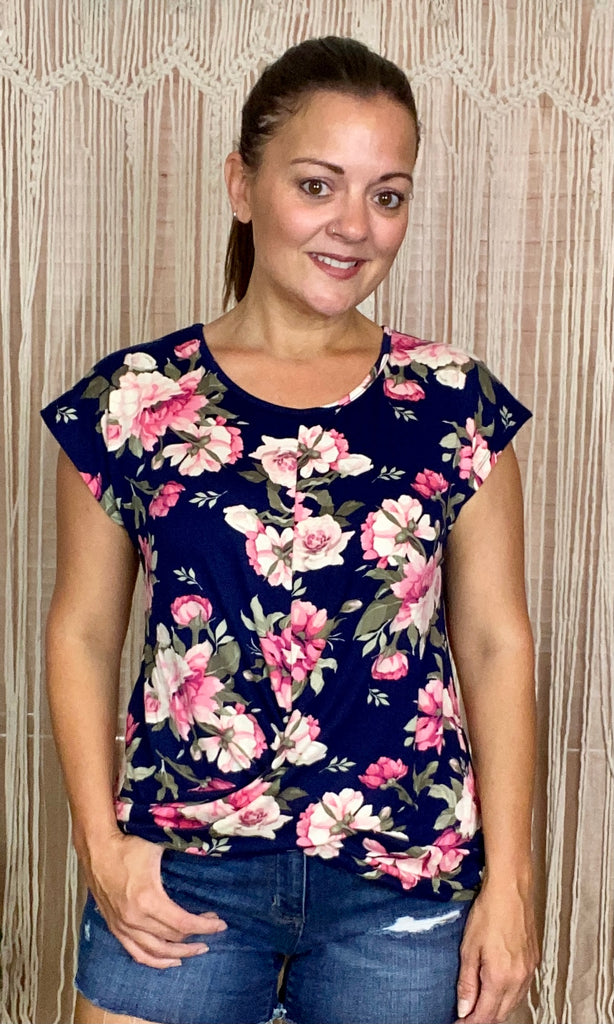 Navy and Pink Floral Gather Front Top