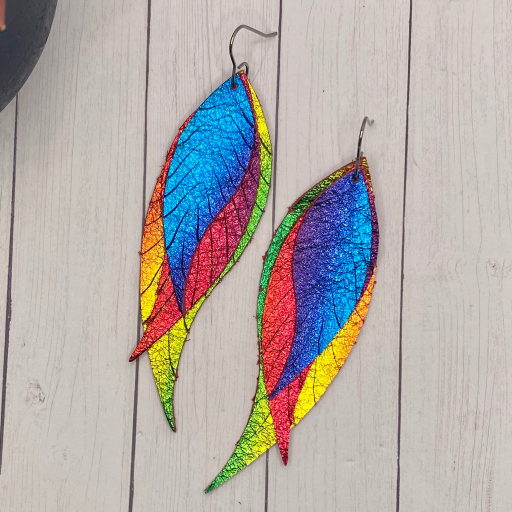 Rainbow Leather Feather Earrings