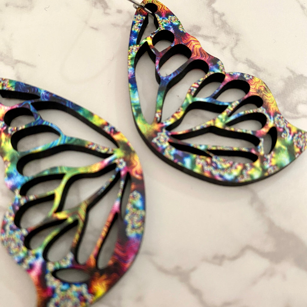 Black and Rainbow Butterfly Wings Laser Cut Wood Earrings