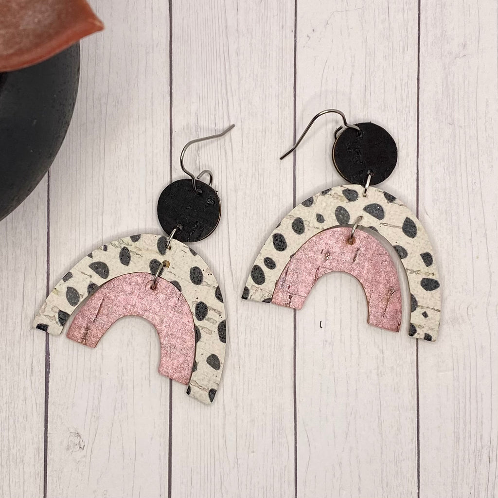 Black White and Pink Leather and Cork Double Arch Earrings