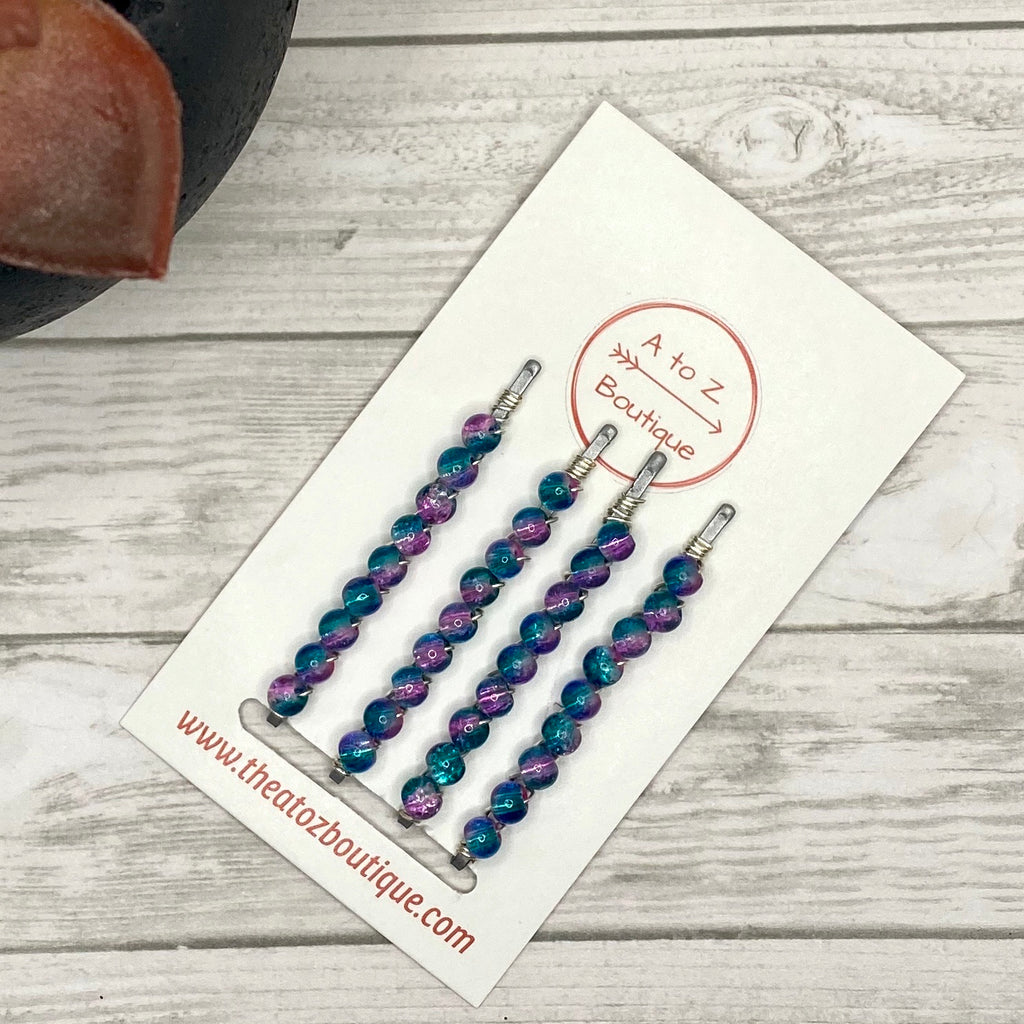 4pc Purple and Blue  Beaded Bobby Pin Set