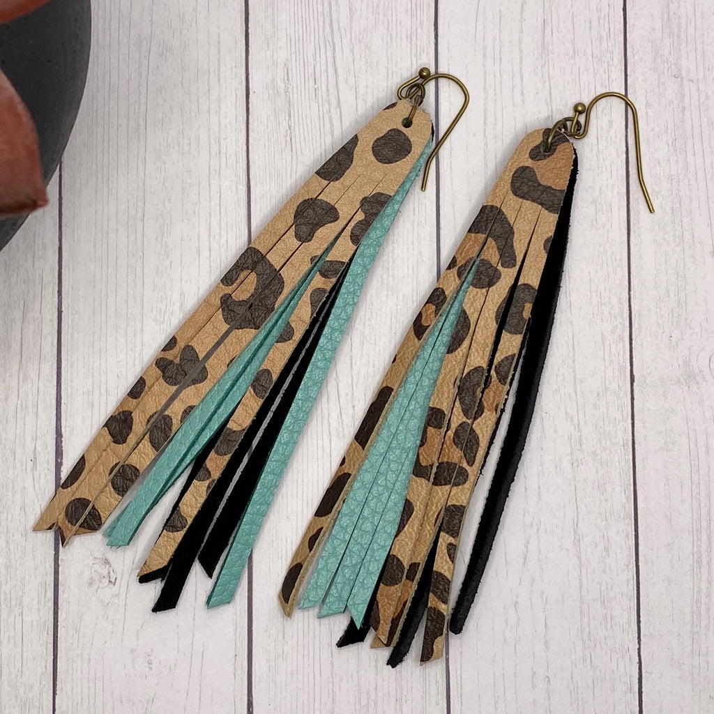 Genuine Leather Turquoise Leopard Fringe Earrings