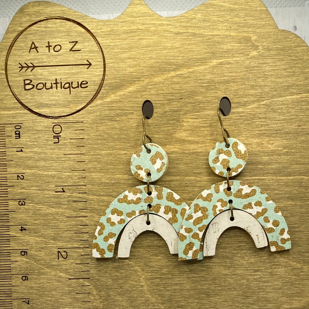 Mint Animal Print Leather and Cork Double Arch Earrings