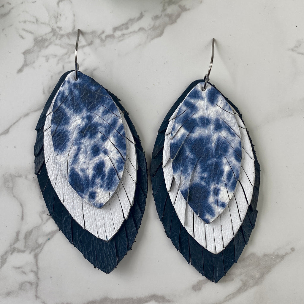 Navy and White Large Leather Feather Earrings