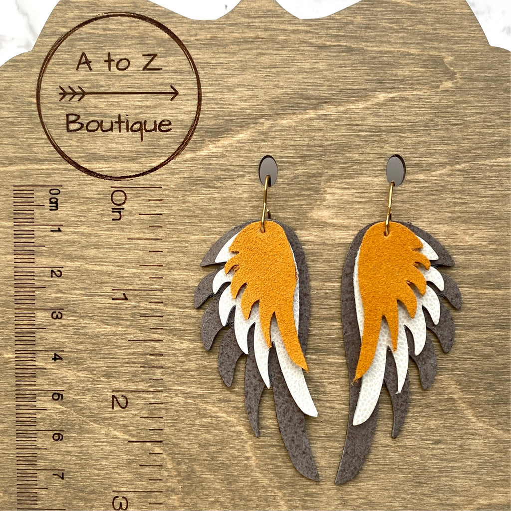 Gray Ivory and Mustard Leather Wing Earrings