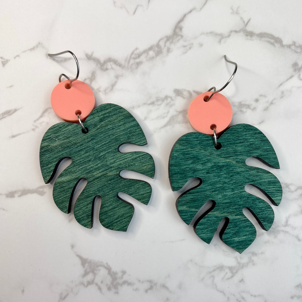 Wood and Coral Acrylic Leaf Earrings