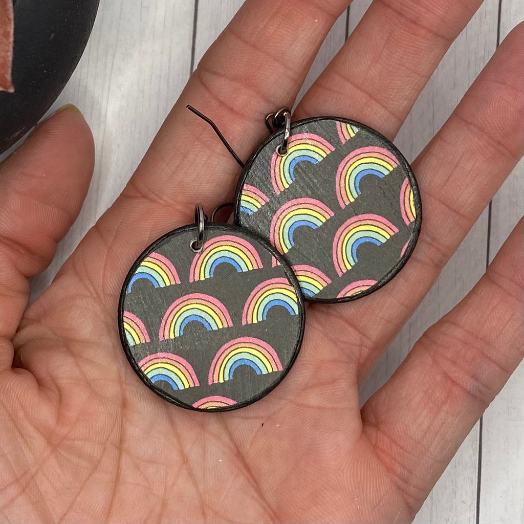Round Rainbow Wood Earrings
