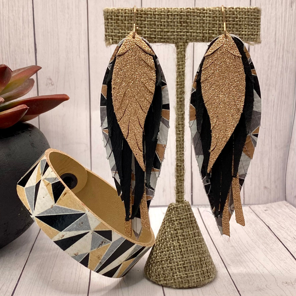 Black and Rose Gold Geometric Genuine Leather Feather Earrings