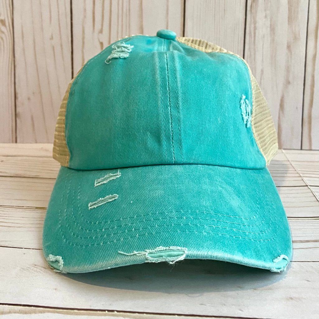 Teal Distressed Criss Cross Ponytail Hat