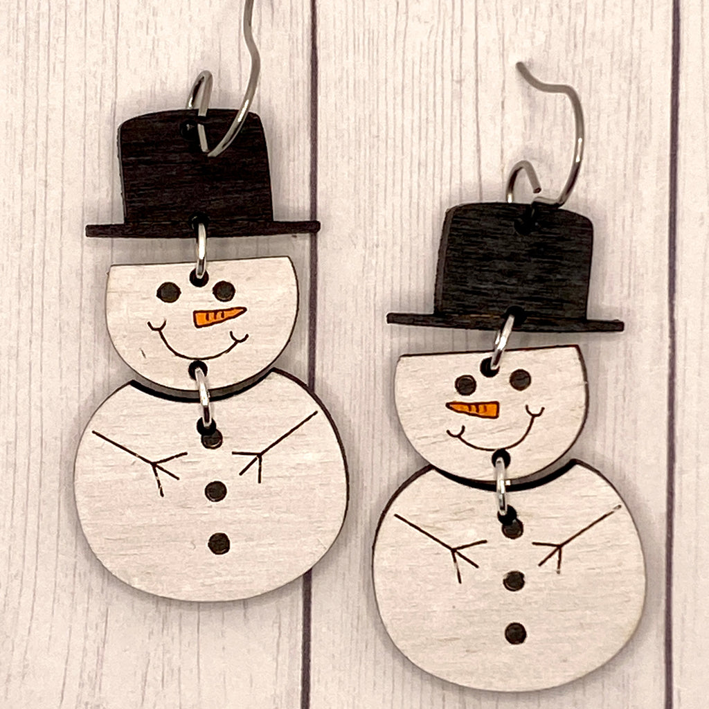 Snowman Wood Hand Painted Earrings