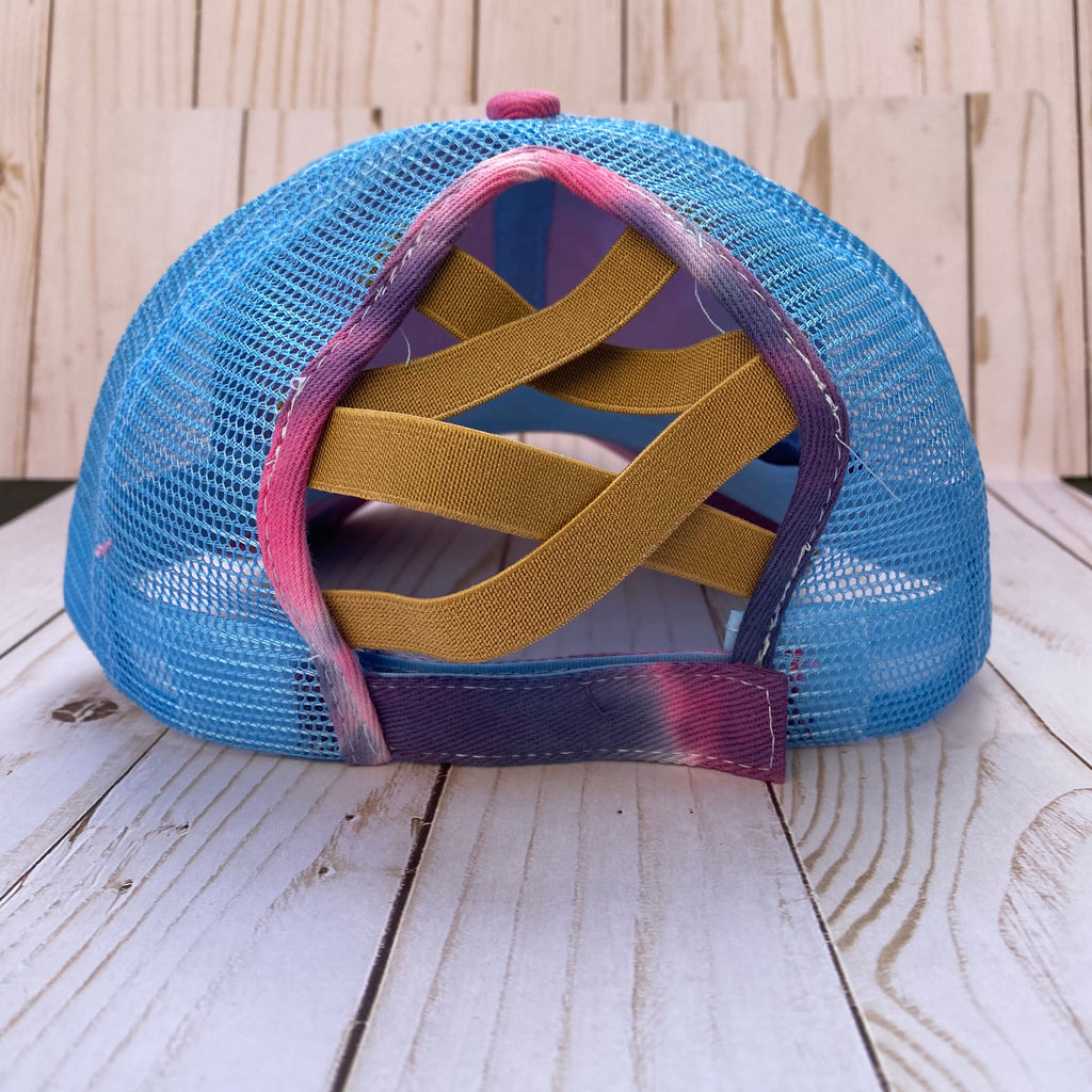 Pink and Blue Tie Dye Distressed Criss Cross Ponytail Hat