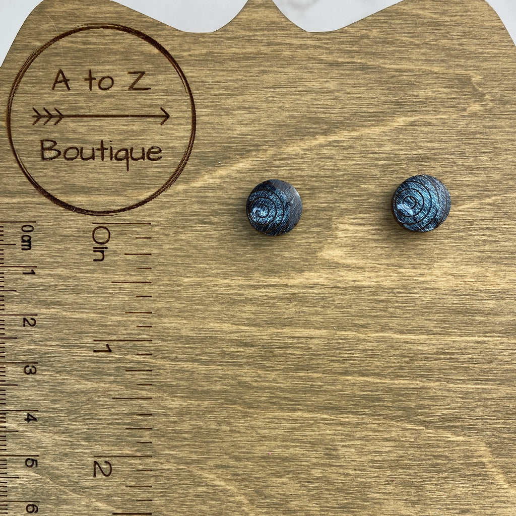 Hand Painted Wood Blue Iridescent Swirl Stud Earrings