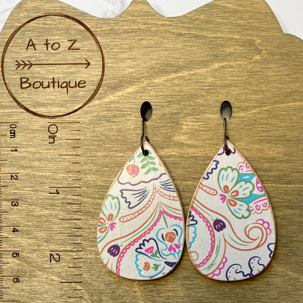 Ivory and Pink Floral Wood Earrings