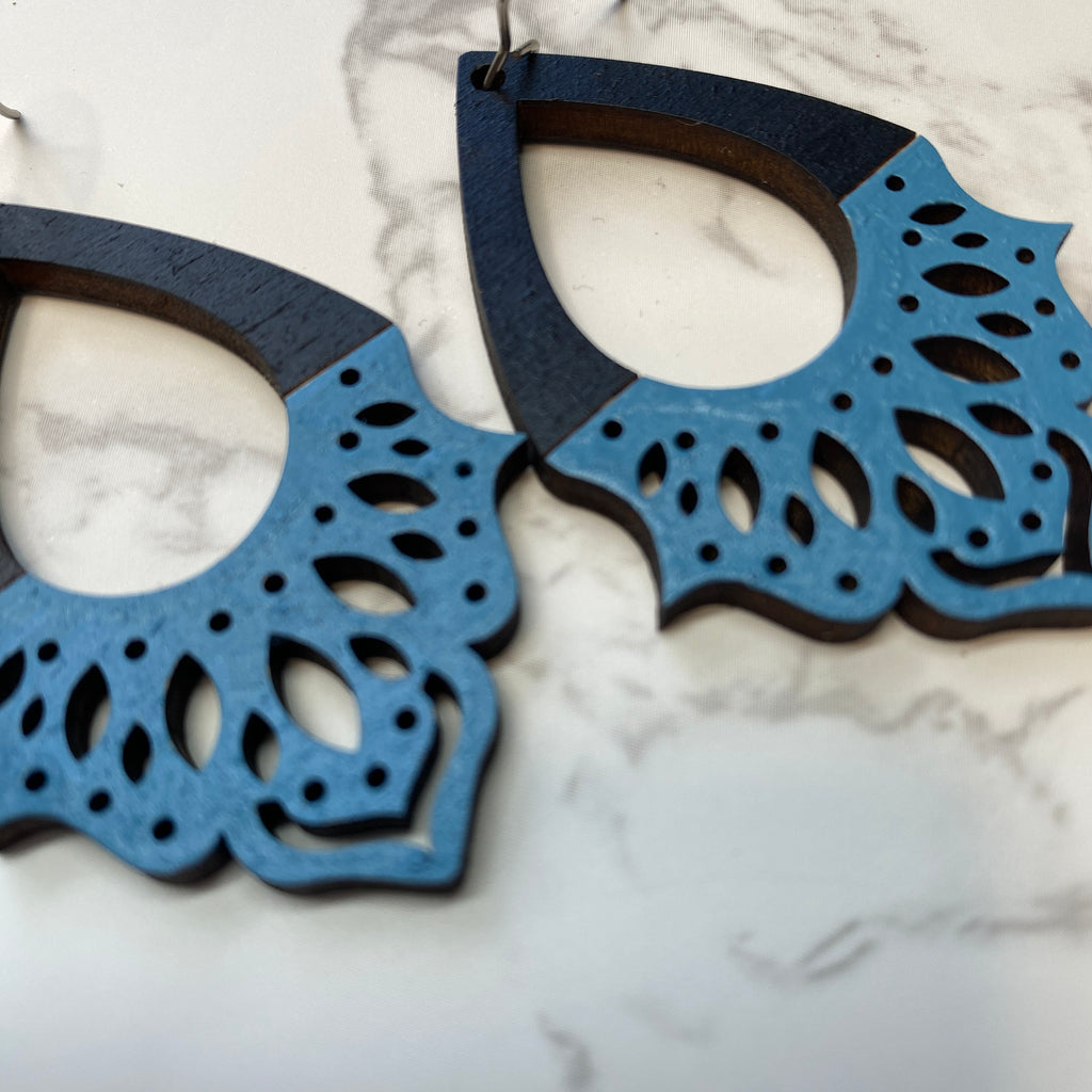 Black and Blue Lace Wood Hand Painted Earrings