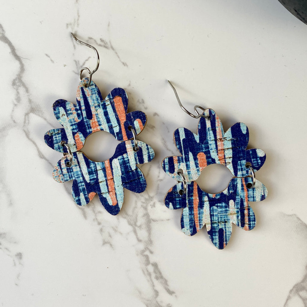Blue and Orange Double Flower Leather Earrings