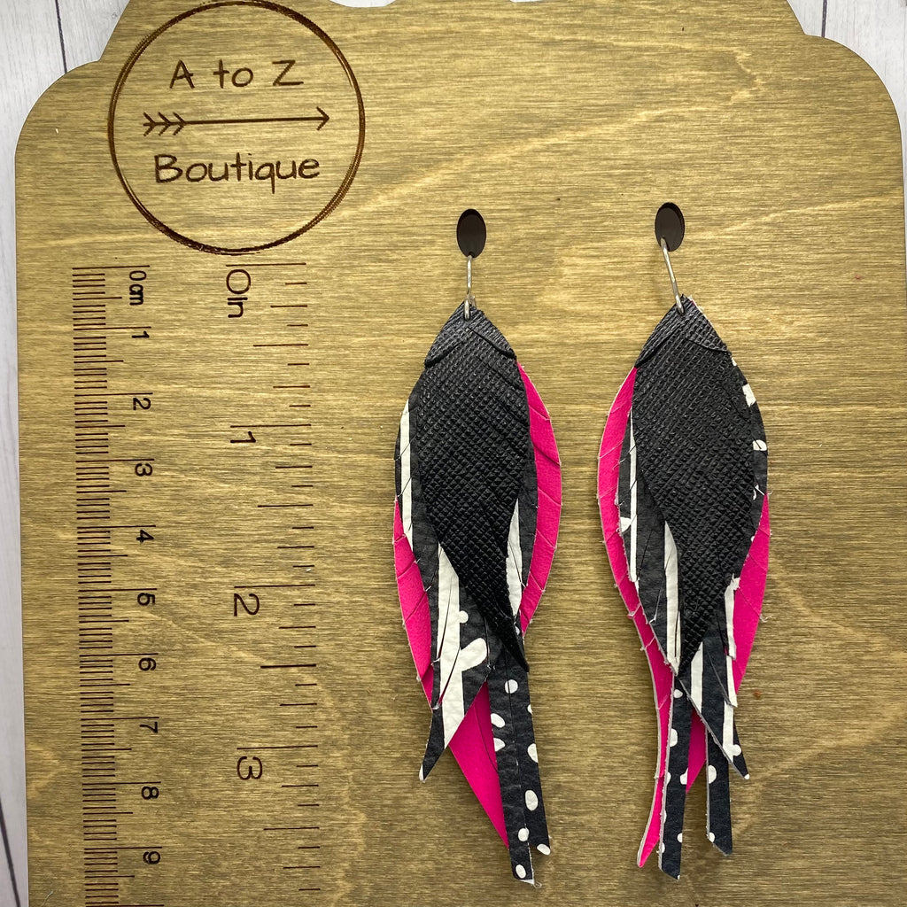 Black and Hot Pink Leather Feather Earrings