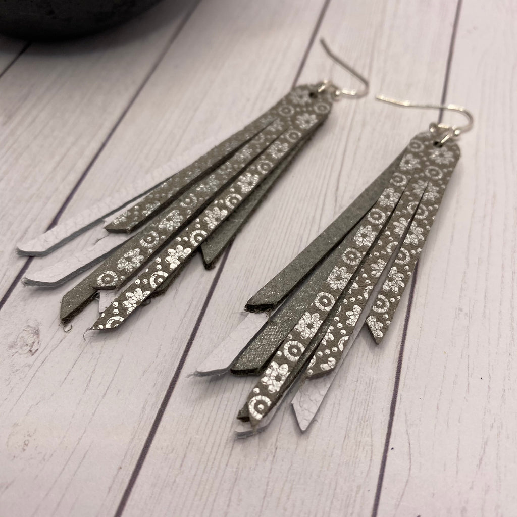 2.75” Genuine Leather White and Silver Fringe Earrings