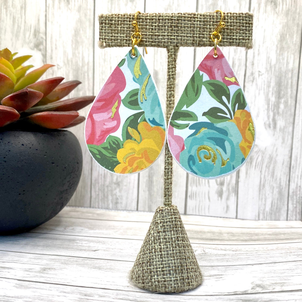 Gold Blue Pink Floral Wood Earrings