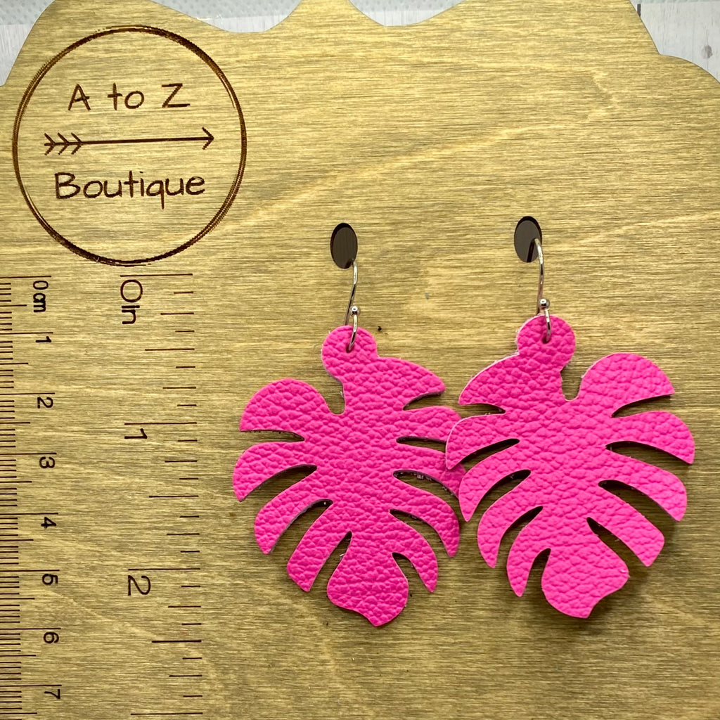 Neon Pink Montersa Palm Leaf Leather Earrings