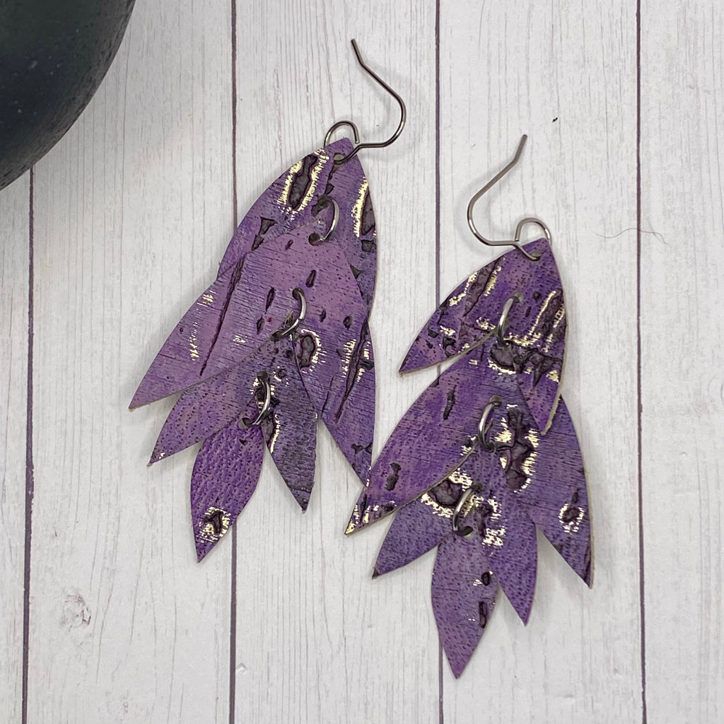 Purple Cascading Petal Leather Earrings