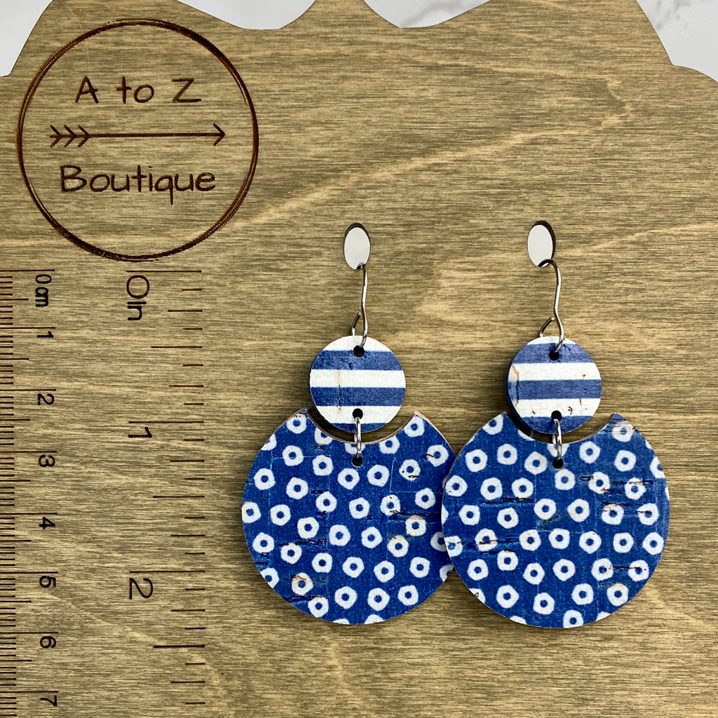 Navy and White Double Circle Cork Leather Earrings