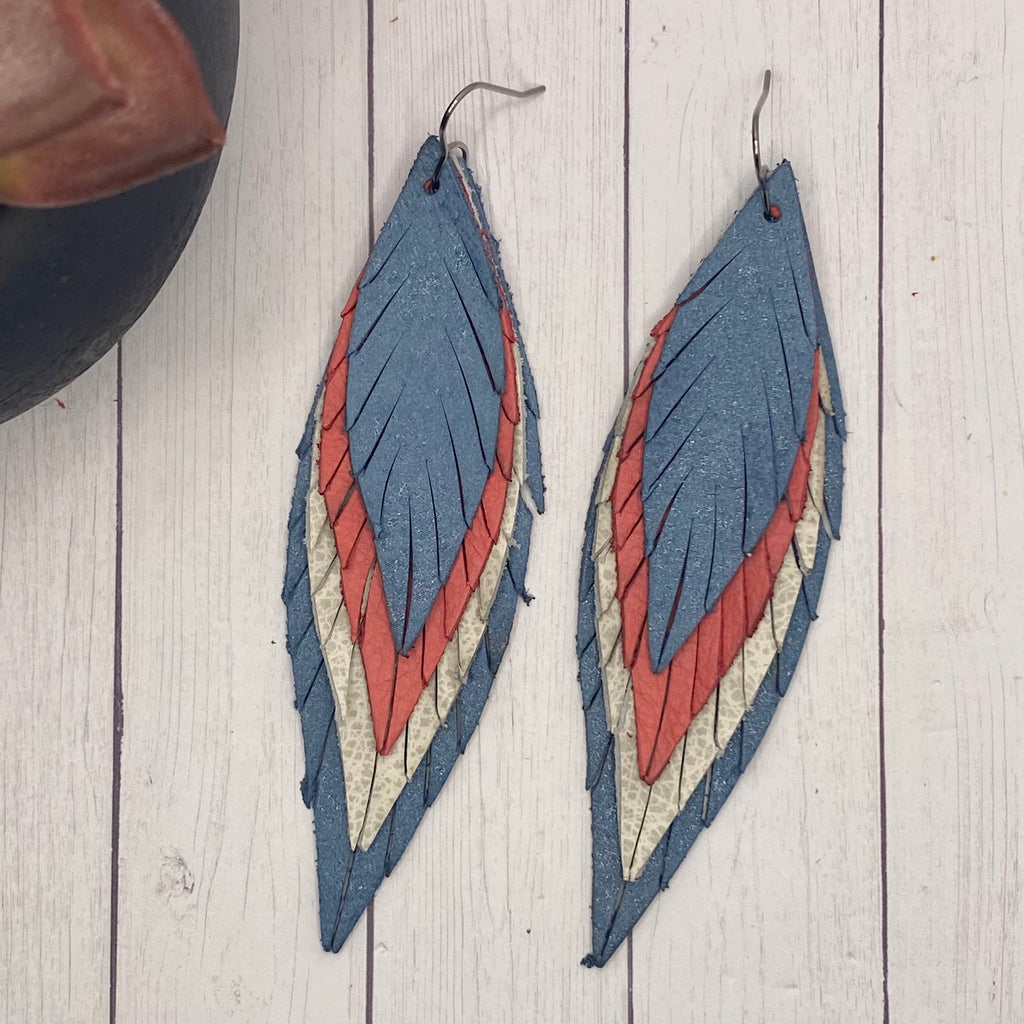 Blue Off White & Coral Large Leather Skinny Feather Earrings