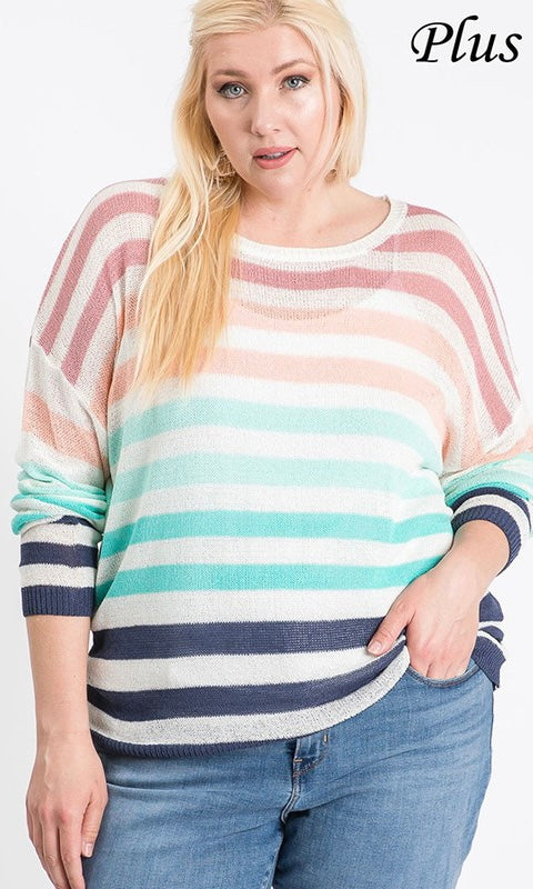 Plus Size Blue and Pink Striped Knit Sweater