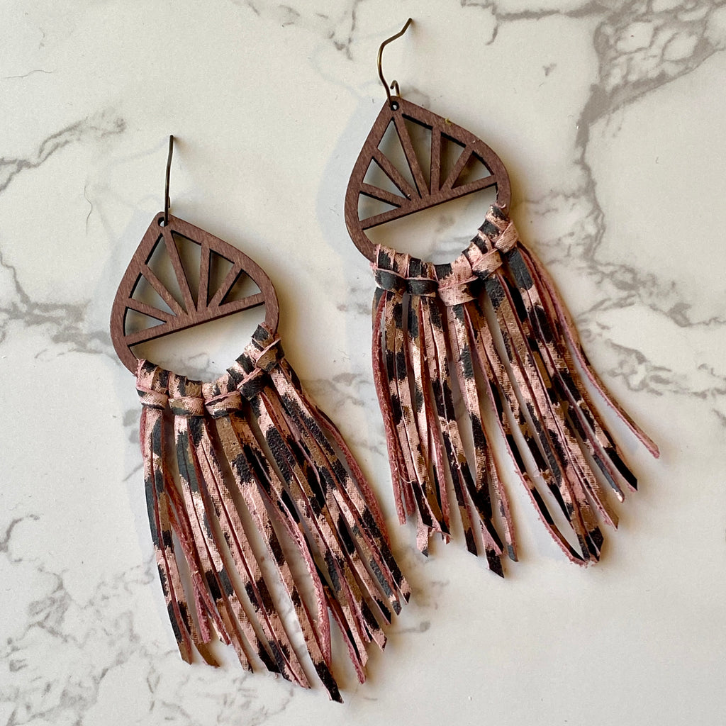 Pink Leopard Print Leather Fringe Wood Hoop Earrings