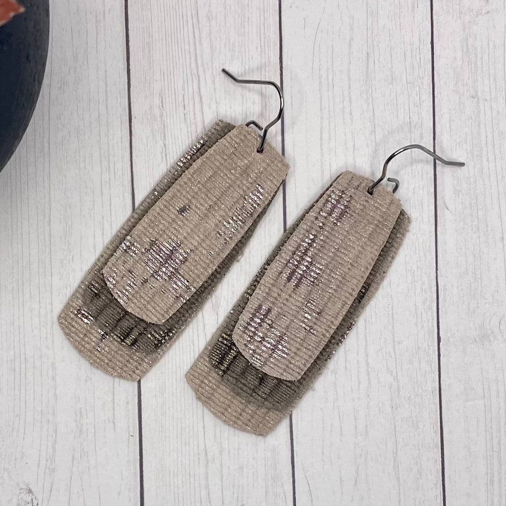 Triple Rectangle Tan and Brown Genuine Leather Earrings