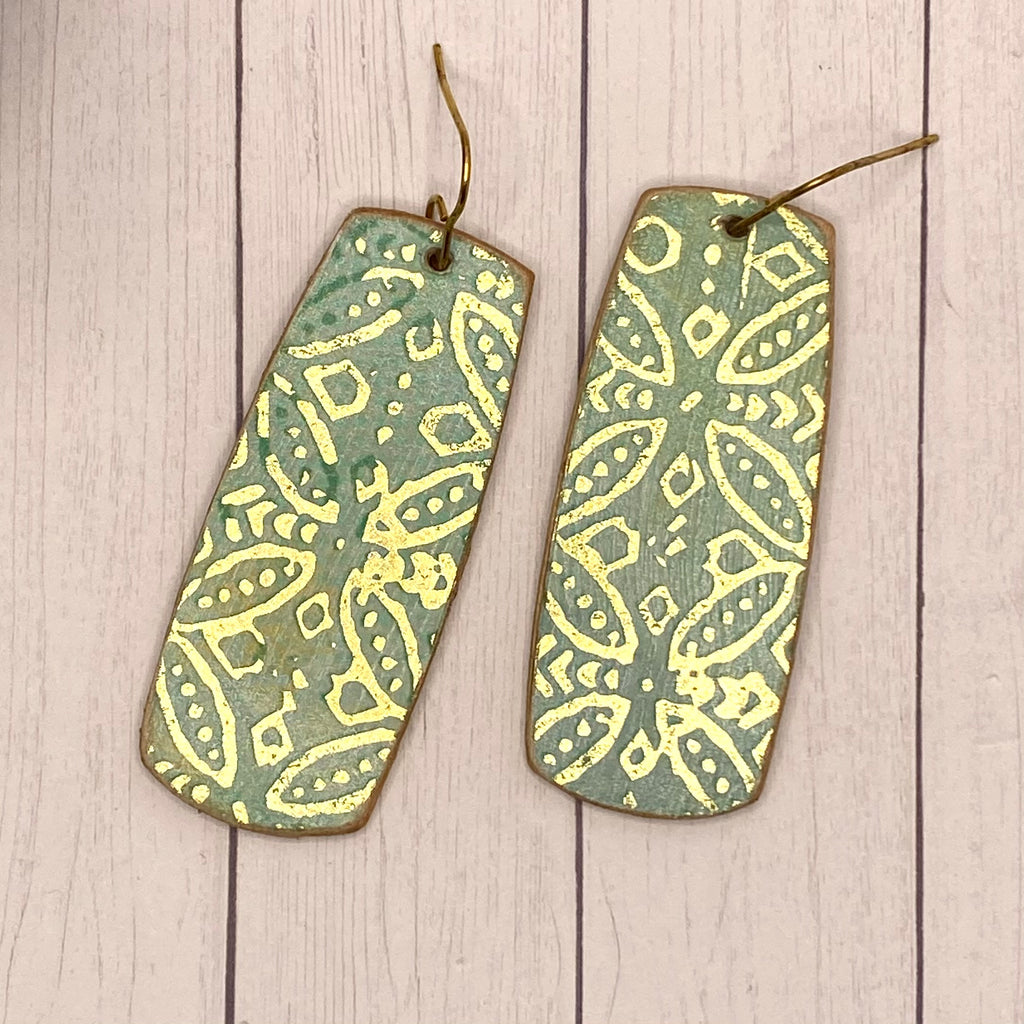 Mint Green and Gold Wood Rectangle Earrings