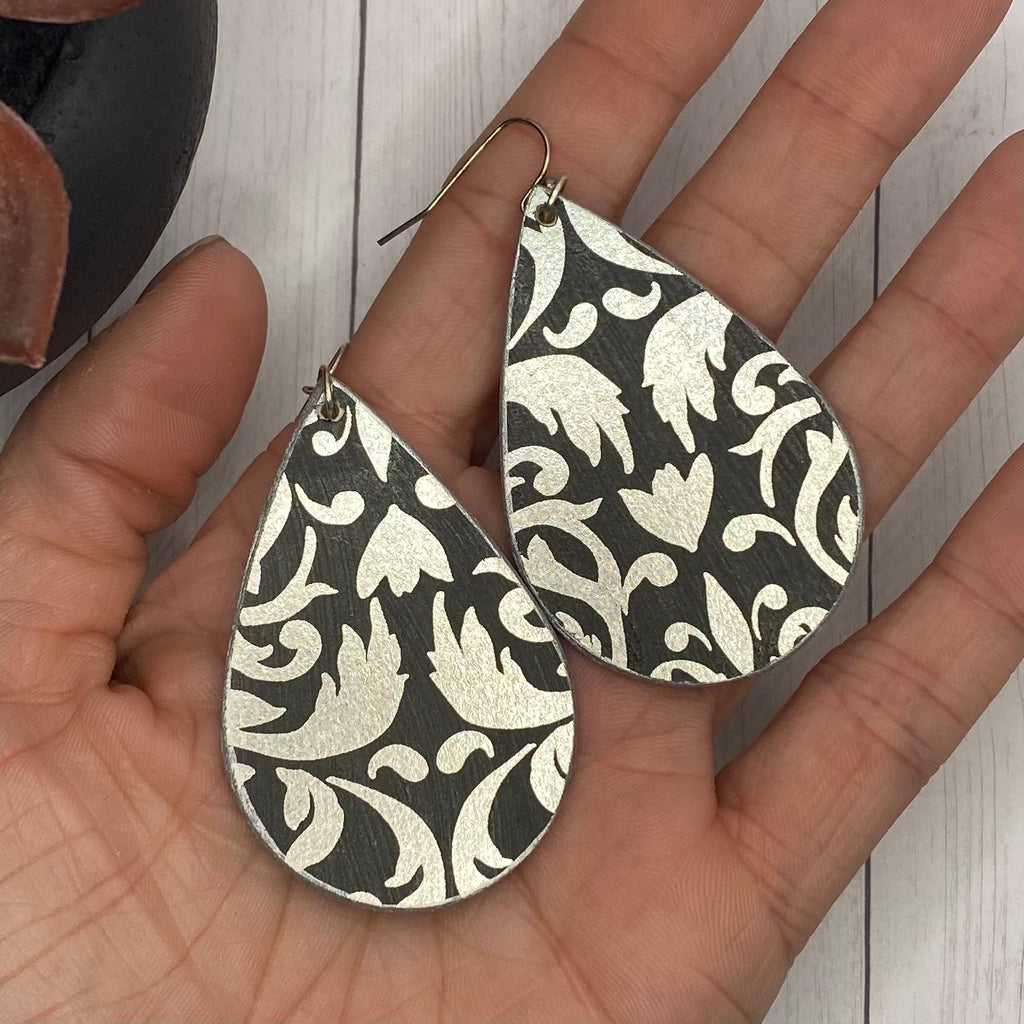 Black and Silver Damask Wood Earrings