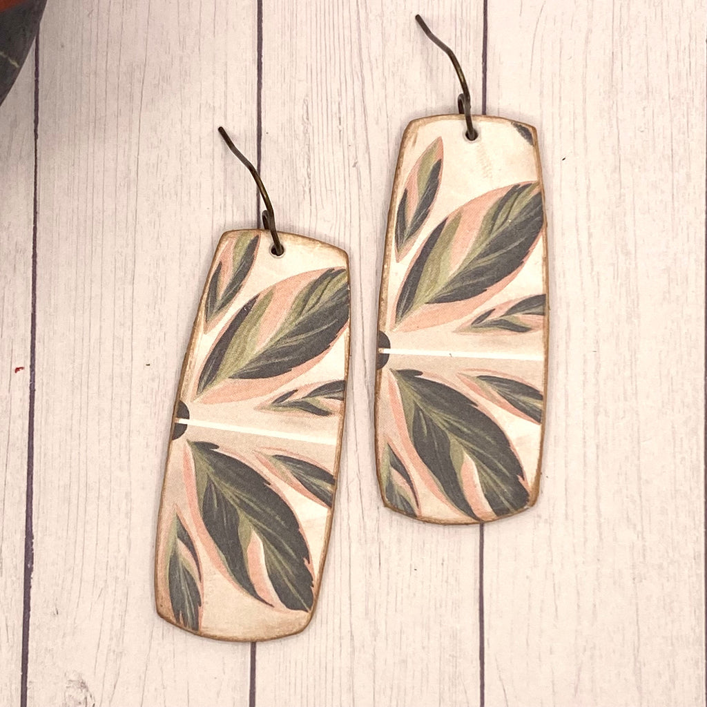 Green and Pink Leaf Wood Rectangle Earrings