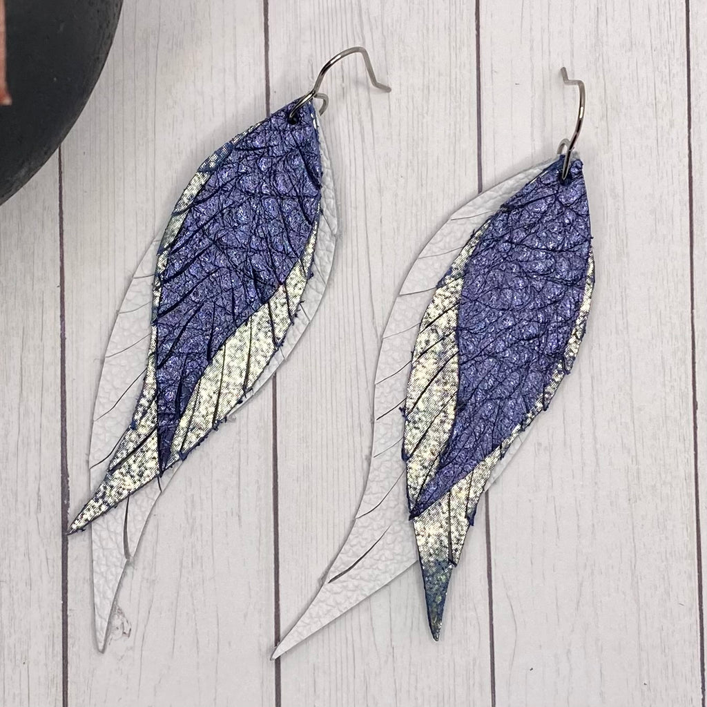 Blue Ombre Leather Feather Earrings